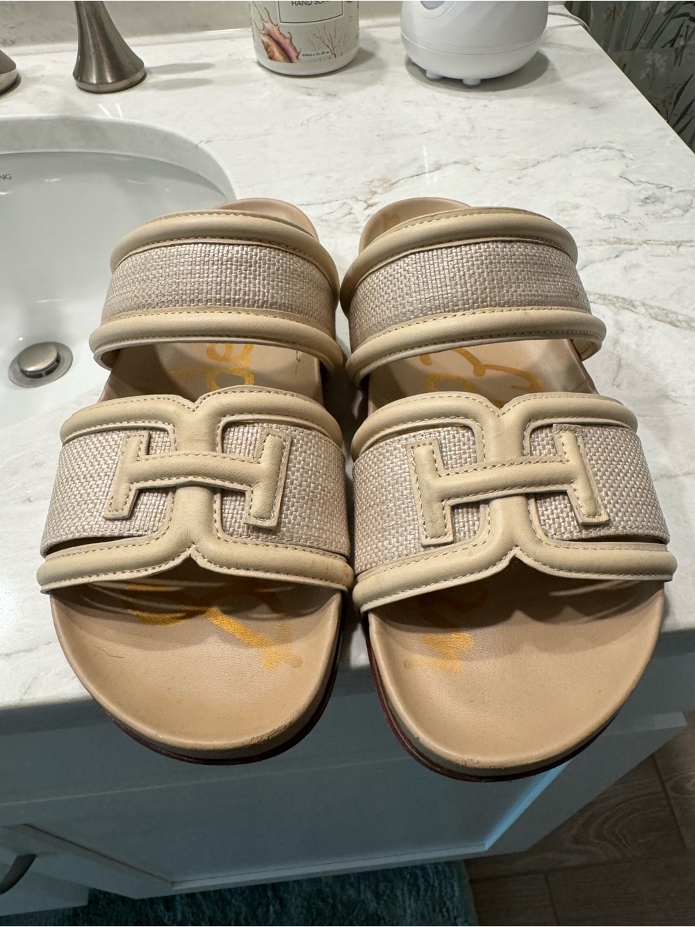 Sam Edelman Beige Raffia Double-Band Slide Sandals